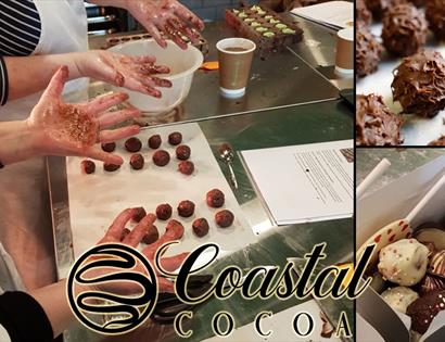 photograph of hands rolling chocolate truffles