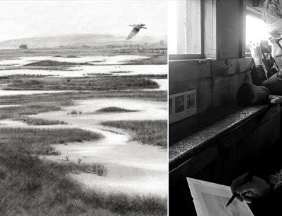 Artist sketching wetlands and wildlife during Inspired by Nature workshop with Cy Baker at Rye Harbour Nature Reserve.