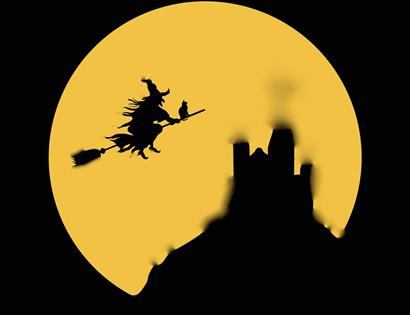 an illustration of a large yellow moon and silhouette of a witch on a broom stick.