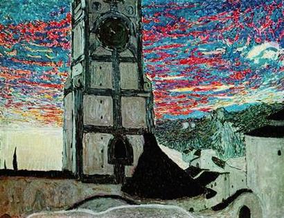 painting of clock tower by Aleksandr Golovin