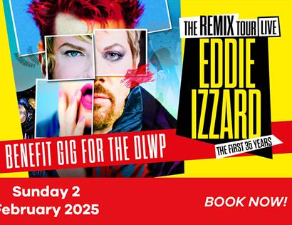 Image shows a picture of Eddie Izzard along with text describing the event including the date, title and location