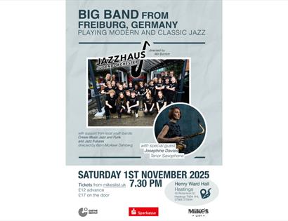 Image reads “BIG BAND FROM FREIBURG, GERMANY. PLAYING MODERN AND CLASSIC JAZZ. Followed by a picture of the group all in black branded t-shirts. Follo