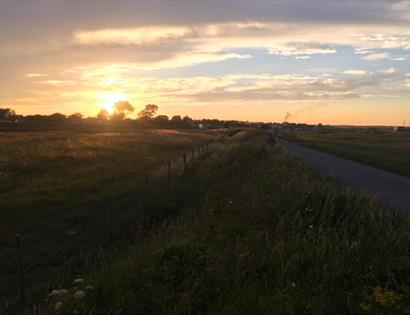 Sunset over grassy fields with a paved path and scattered trees under a partly cloudy sky.
