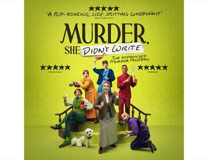 Bright green theatre poster for “Murder, She Didn’t Write,” showing a quirky ensemble cast in period costumes around a staircase.