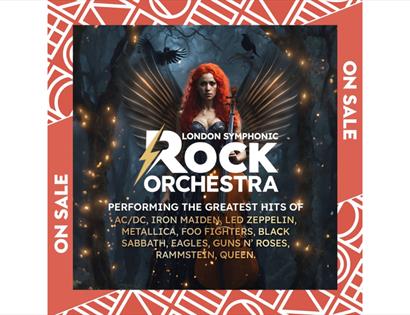 London Symphonic Rock Orchestra poster featuring dramatic winged artwork and bands like AC/DC, Metallica & Queen.