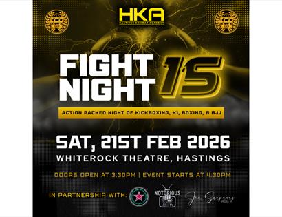 Black and yellow poster for HKA Fight Night 15, promoting kickboxing, K1, boxing and BJJ at White Rock Theatre, Hastings.