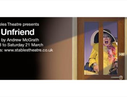 Poster for The Unfriend showing a figure in a yellow coat seen through a door window alongside event details.