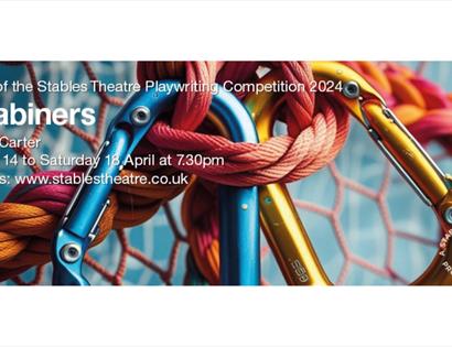 Poster for ‘Carabiners’ featuring colourful climbing ropes and carabiners, with play dates and booking details.