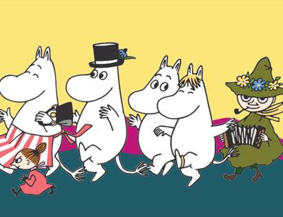 Illustration of Moomin characters walking together on colourful background.