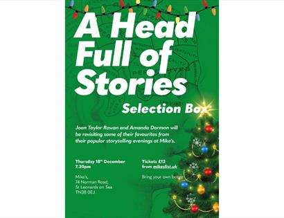 Poster titled 'A Head Full of Stories Selection Box' with event details and a decorated Christmas tree.