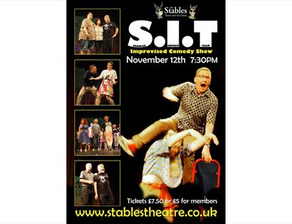 Minimal theatre poster reading “sit” in bold lowercase, promoting a show at The Stables Theatre on a clean, neutral background.