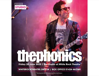 Poster for The Phonics performing on 20 June 2025 at The Studio, White Rock Theatre, featuring a guitarist on stage.