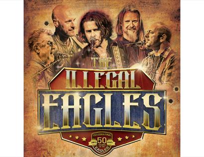 Concert poster for The Illegal Eagles featuring band members and bold vintage-style lettering.