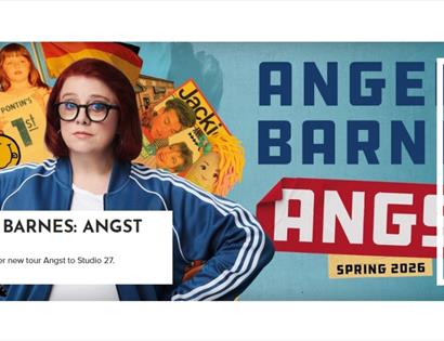 Promotional image for Angela Barnes: Angst at White Rock, featuring retro graphics and show details for Spring 2026.