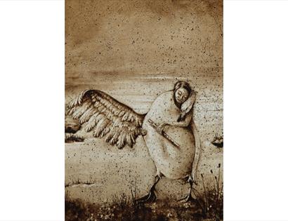 Artwork from Remember by Ibby Lanfear at BlackShed Gallery, depicting a winged figure carrying a flute in a textured landscape.