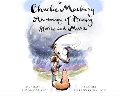 Illustrated event poster with handwritten text “Charlie Mackesy - An evening of drawing, stories and music” and a painted profile figure.