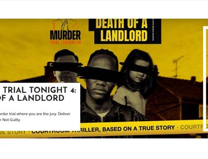 Promotional graphic for ‘Murder Trial Tonight 4: Death of a Landlord’ at White Rock Hastings on a yellow background.