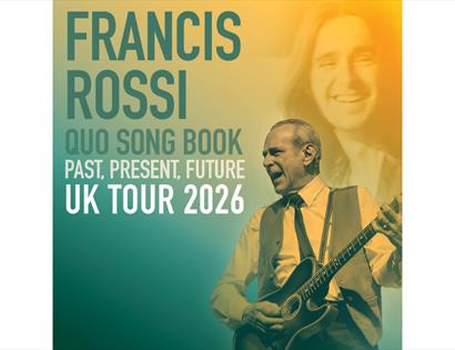 Poster for Francis Rossi “Quo Song Book: Past, Present, Future” UK Tour 2026, featuring guitarist portrait.
