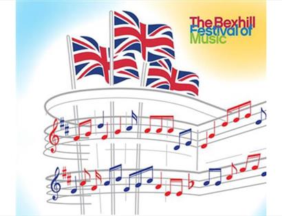 Illustration of Union Jack flags above musical notes and staff lines promoting The Bexhill Festival of Music.