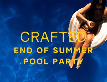 Crafted End of Summer Pool Party poster featuring a person on an inflatable ring in a bright blue pool.