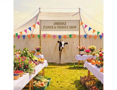 Image shows promotion for The Archers at the De La Warr Pavilion. Image shows the Ambridge Flower & Produce Show with a cow and tables