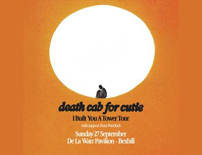 Promotional poster for Death Cab for Cutie at De La Warr Pavilion, featuring a silhouetted figure beneath a large white sun.