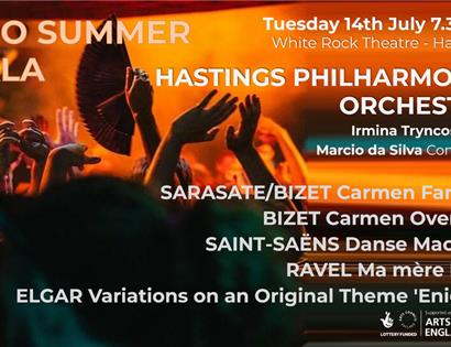 Poster for Hastings Philharmonic Orchestra Summer Gala, 14 July, featuring concert programme and vibrant stage scene.