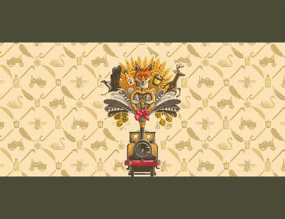 Illustrated heritage-themed design featuring a vintage steam train, fox, wheat, bees, deer and rural motifs.