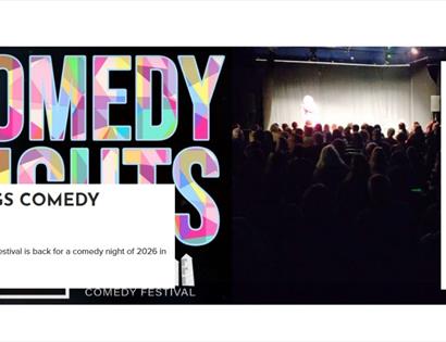 Promotional image for Hastings Comedy Nights at White Rock, featuring colourful text and a crowd watching a performer on stage.