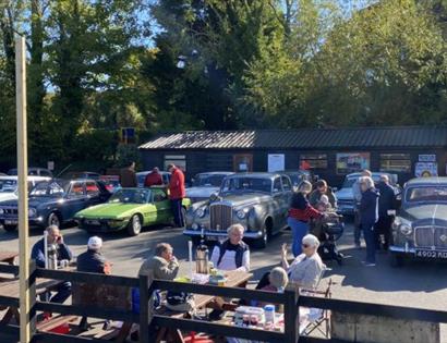 Austin Counties Car Rally with classic vintage cars on display as visitors gather outdoors in sunny weather.
