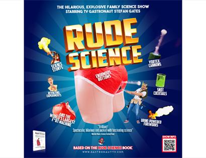 Poster for Rude Science, a family science show with bold title text and cartoon graphics of silly experiments on a blue background.