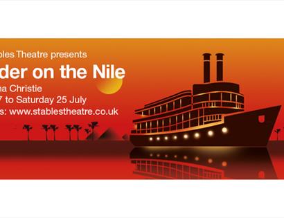 Poster for “Murder on the Nile” showing a steamboat on a river at sunset with pyramids, dates 17-25 July and booking details.