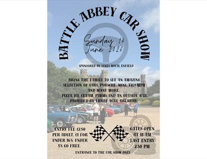 Battle Abbey car show poster, Sunday 14 June 2026, classic cars, entry £2.50, gates open 11am, food and bar.