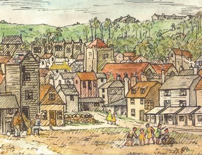 Illustrated scene of Hastings with clustered houses, people walking in streets, and green hills in the background.