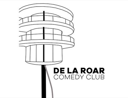 Minimal line illustration of a round tower logo with text “De La Roar Comedy Club” on a light background.