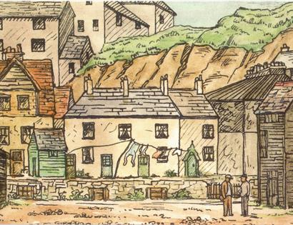 Illustrated scene of Hastings with terraced houses, hillside backdrop and two figures standing in a quiet street.
