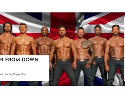 Promotional image for Thunder From Down Under, featuring a line-up of muscular performers in front of a Union Jack backdrop
