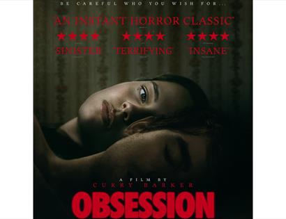 Promotional poster for the horror film Obsession, featuring two figures in a dark, atmospheric close-up.