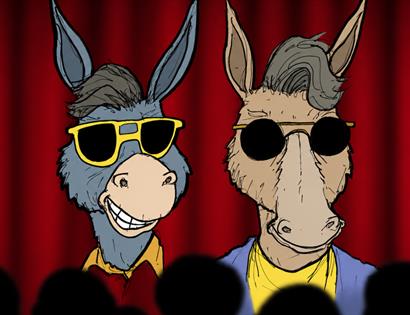 Cartoon donkeys in sunglasses on stage before red curtain and audience silhouettes, promoting improv at the Stables Theatre.