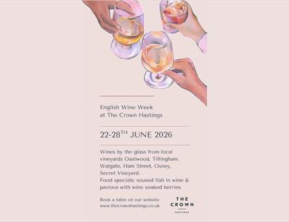 Illustrated poster for English Wine Week at The Crown Hastings, 22–28 June 2026, featuring three raised wine glasses.