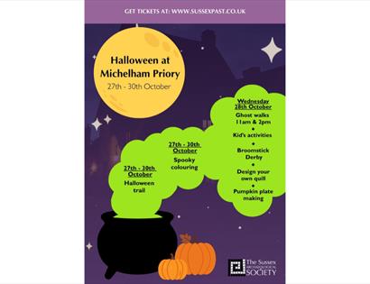 Halloween at Michelham Priory poster featuring ghost walks, Halloween trail, spooky colouring and family activities, 27-30 October.