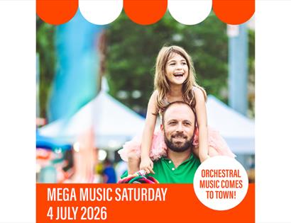 Promotional image for Mega Music Saturday showing an adult carrying a child at an outdoor event, with date and orchestral music text