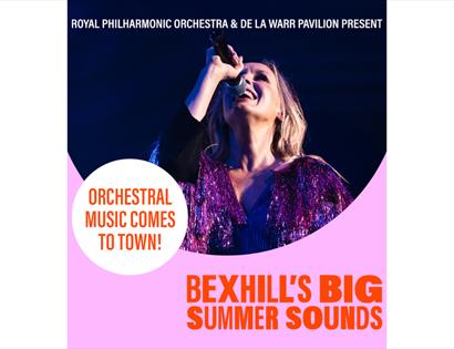 Promotional graphic for Bexhill’s Big Summer Sounds showing a performer singing on stage, with text announcing orchestral music.