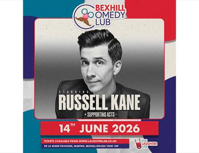 Poster advertising a Bexhill Comedy Club show, featuring a black-and-white portrait and text for a stand-up event on 14 June 2026.