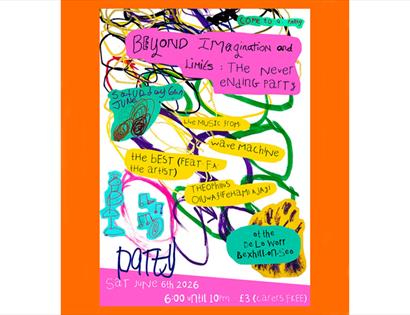 Colourful hand-drawn poster with playful text and doodles promoting a music and arts event at De La Warr Pavilion.