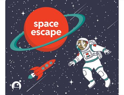 Illustration of an astronaut floating in space near a red planet labelled ‘space escape’ and a small red rocket.