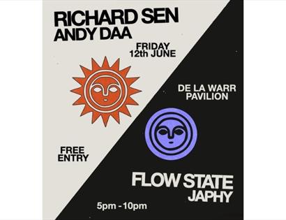 Event poster for Richard Sen and Andy Daa at De La Warr Pavilion, with sun and moon graphics, date and free entry details.