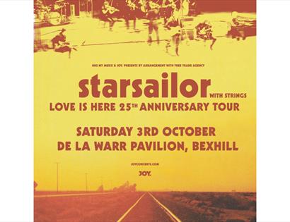 Poster for Starsailor with strings “Love Is Here 25th Anniversary Tour,” 3 Oct at De La Warr Pavilion, Bexhill, with band image and road backdrop