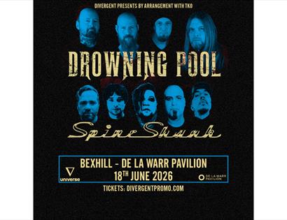 Concert poster for Drowning Pool with support from SpineShank, showing band portraits and event details at De La Warr Pavilion, June 2026.