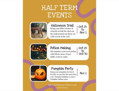 Poster advertising half-term events including a Halloween trail, potion making and pumpkin party at a farm.
